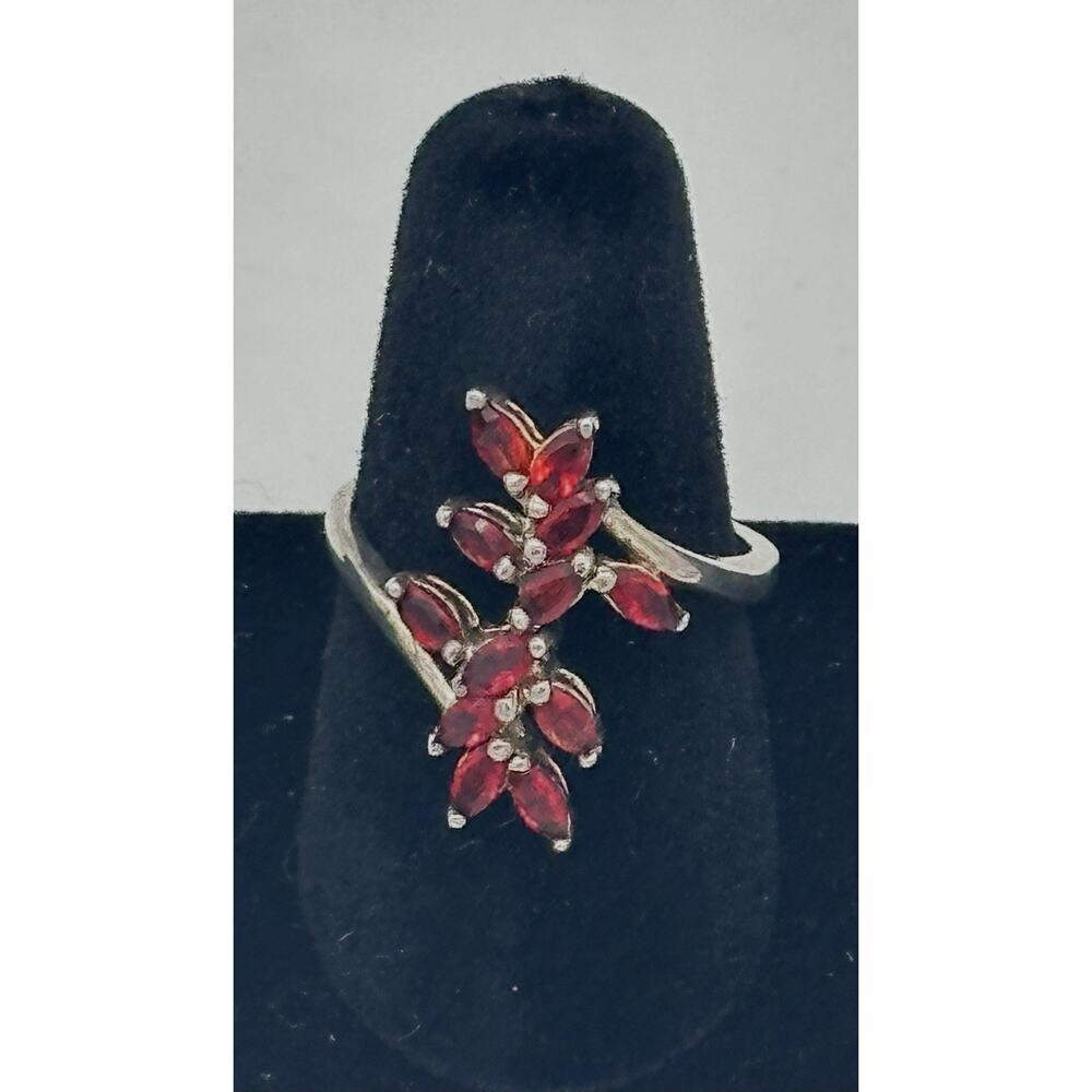 Sterling Silver Flower Design With Red Stones Statement Cocktail Ring Size 6.5